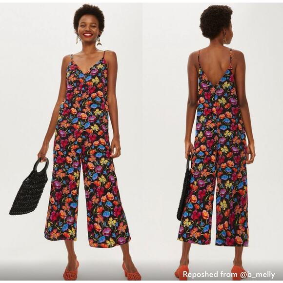 NWT NEW TopShop Black Floral Wide Leg Cropped Jumpsuit Strappy 10 Romper - Picture 1 of 4